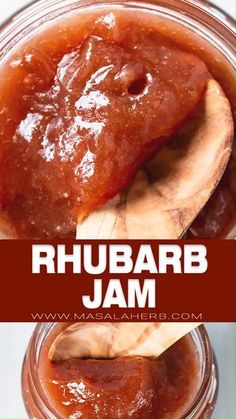 a jar filled with homemade rhubarb jam