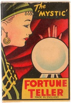 an advertisement for fortune teller made in england, featuring a woman holding a crystal ball