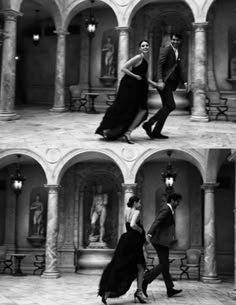 black and white photo of man and woman dancing in front of an ornate building with columns