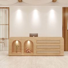 a reception area with wooden walls and white floors