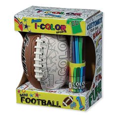 a football in a box with markers and pencils