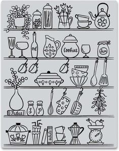 a black and white drawing of shelves filled with kitchen utensils, coffee pots, teapots and other items