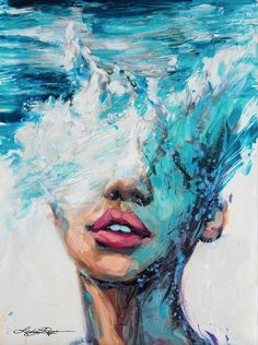 a painting of a woman's face with water splashing over her head and hair