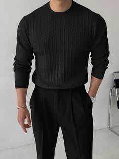 Men's Casual Solid Color Cable Knit Sweater, Spring Autumn Black Casual  Long Sleeve Fabric Plain Pullovers Slight Stretch  Men Clothing, size features are:Bust: ,Length: ,Sleeve Length: Sweater And Dress Pants Men, Fall Outfits For Men Classy, Male Cardigan Outfit Aesthetic, Timeless Minimalist Fashion, Men Quiet Luxury Outfit, Formal Men Clothes, Casual Male Outfits Street Style, Men’s Knit Sweater, All Black Semi Formal Outfit Men