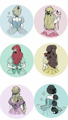 four different colored images of princesses with their hair in ponytails and dresses, one is