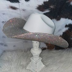 Hand made Rhinestone cowboy hat *perfect for festivals and concerts* Western Fedora With Curved Brim For Parties, Western Style Fedora With Curved Brim For Parties, Western Silver Hats For Summer, Country Style Rhinestone Hats For Rodeo, Western Wide Brim Fedora For Party, Silver Summer Hat For Rodeo, Silver Summer Rodeo Hat, Rodeo Hat With Rhinestones And Curved Brim, Silver Hat With Rhinestones For Rodeo