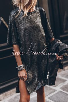 The Dark Sparkly Relaxed Slit T-shirt Mini Dress Mini Shirt Dress, Dress Size Chart, Linen Dress, Round Collar, Mini Black Dress, T Shirt Dress, Tank Top Shirt, Fitness Fashion, Collar Styles