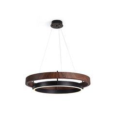 a circular wooden light fixture hanging from the ceiling