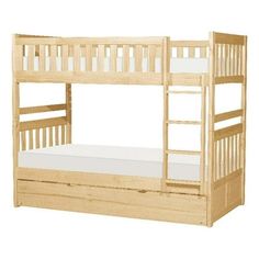 a wooden bunk bed with white mattresses