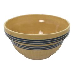 a yellow and blue striped bowl on a white background