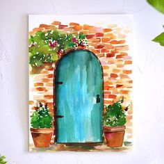 a painting of a blue door with potted plants in front of it on a wall