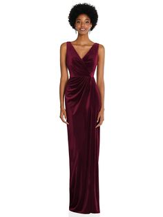 Simply Perfect, This Full-length, Lux Velvet Gown Is So Soft And Beautifully Draped. A Faux Surplice Bodice And Gathered Skirt Detail Highlights The Shimmering Elegance Of Gorgeous Fabric. The Skirt Flows Gracefully Around You, And A V-style Back Is The Perfect Finishing Touch. Shown In Cabernet. Velvet Drape Dress, Elegant Draped Velvet Dress, Burgundy Velvet Evening Gown, Burgundy Velvet Bridesmaid Dresses Dillards Xscape, Red Velvet V-neck Evening Dress, Velvet Maxi Dress, Velvet Gown, Draped Skirt, Infinity Dress