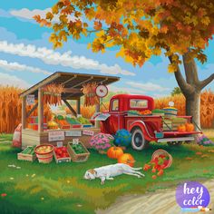 a painting of an old red truck parked next to a cornfield with pumpkins