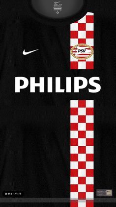 the back of a black shirt with red and white checkers on it, that says phillips