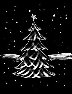 a black and white drawing of a christmas tree with snow falling on it's ground