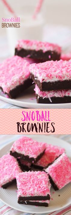 small brownies with pink sprinkles are on a white plate and one is cut in half