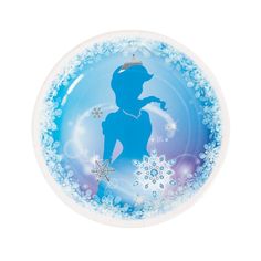 a blue and white plate with a silhouette of a girl in snow flakes on it