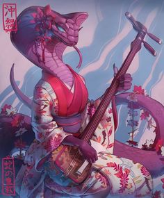 a woman with a guitar sitting on top of a dragon