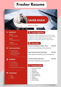 a red and white resume template with an image of a man in business attire on it