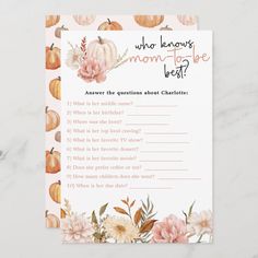 a mother's day question card with flowers and pumpkins on the front, which reads who knows mom - daughter best?