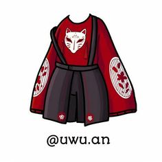 an illustration of a red and black outfit with white wolf on it's chest