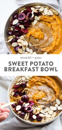 two bowls filled with sweet potato breakfast bowl