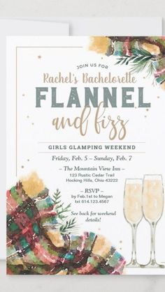 a white card with two champagne glasses on it and the words flannel and kisses written