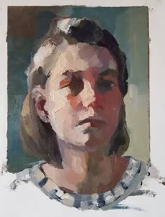 an oil painting of a woman's face in white and blue striped shirt, with her eyes closed