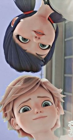 two cartoon faces are shown with one being upside down and the other is looking up