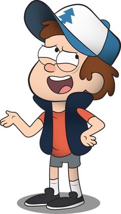 a cartoon boy wearing a baseball cap and holding his arms out to the side with one hand