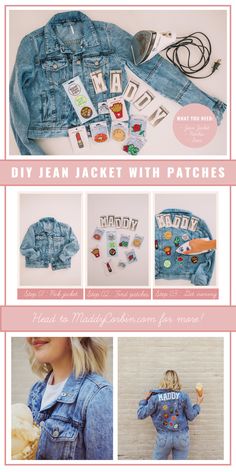 the instructions for how to sew an jean jacket with patches and buttons on it