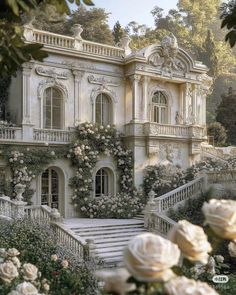 a large white house with lots of flowers on the front and stairs leading up to it