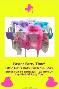 Add some color and fun to your little girl's next party with this party pack for 4!  It comes with 4 straw hats, matching purses and boas, all in the color of white, pink, purple and blue.  What a great way to spice up any affair! Straw Hats, Easter Party, Party Packs