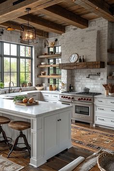 Rustic Kitchen With White Cabinets, Rural House Country Living, White Rustic Kitchen, Kitchen Moodboard, Fridge Decor, Valley Flowers, Black River, Rustic Kitchen Design, Farmhouse Kitchen Design