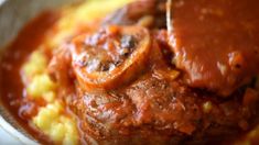 meatballs and mashed potatoes are in a bowl