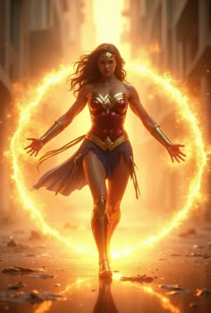 a woman dressed as wonder in front of a circle of fire with her arms outstretched