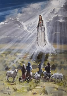 a painting of the virgin mary surrounded by sheep in a field with sunbeams