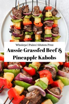 grilled beef and pineapple kabobs on a white plate with text overlay