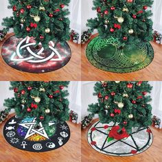 four different christmas trees with ornaments on them