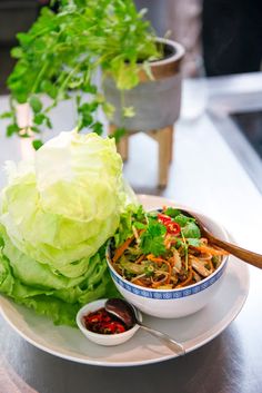 lettuce, carrots and other vegetables on a white plate with dipping sauce