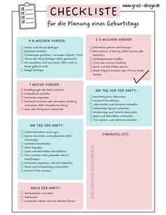 a pink and blue checklist with the words,'checkliste fur die planung