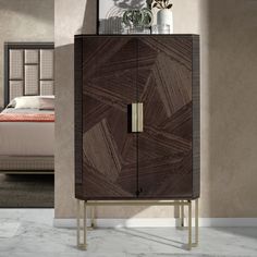 a wooden cabinet sitting next to a bed in a room with beige walls and flooring