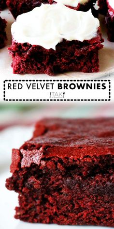 red velvet brownies with white frosting are on a plate and in the middle