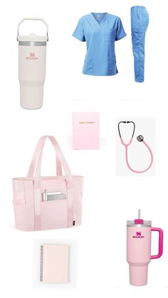 various items that include a nurse's uniform, coffee cup, mug and notebook