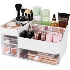 Our cosmetics storage has 1 large drawer and 2 small drawers for storing your face mask or makeup bag and small items. Eight top compartments that can hold moisturizers, lotions, lipsticks, nail polish, makeup brushes, eyeliner, eyeshadow pads, and other small everyday collections that can be nicely organized to allow you to quickly find what you need. Rebrilliant | Rebrilliant Makeup Organizer | 5.9" H X 11.8" W X 7.7" D | Wayfair | Organization Clear Drawers, Skincare Organizer, Organizer For Bathroom, Studio Makeup, Makeup Organization Vanity, Cosmetic Display, Skincare Organization, Makeup Organizer, Makeup Storage