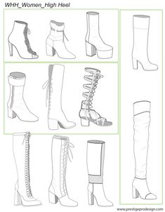 different types of women's high heel boots with laces on the sides and bottom