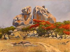 an oil painting of rocks and trees in the desert with a path leading to them