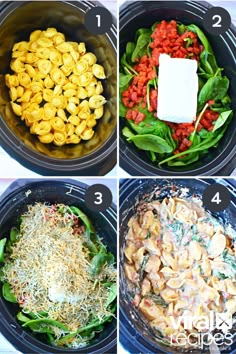 four pictures showing how to make pasta in the slow cooker