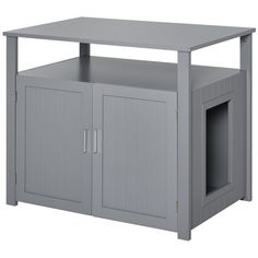 a gray dog house with two doors and one door open