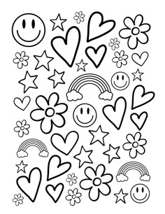 a black and white drawing of hearts, stars, flowers, and smiley face faces